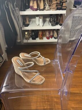Steve Madden Natural Raffia Wedge Sandals with Silver Straps